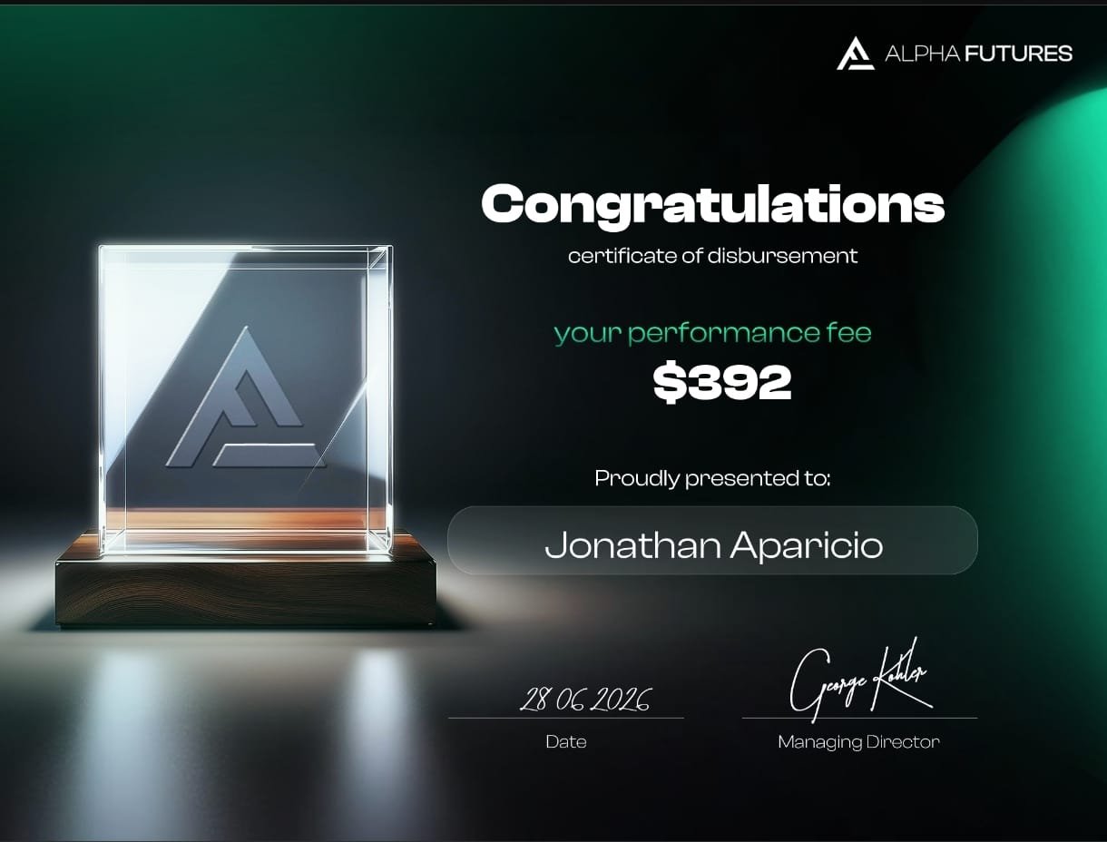Certificado de payout de Jonathan, Alpha Futures, 392 dólares