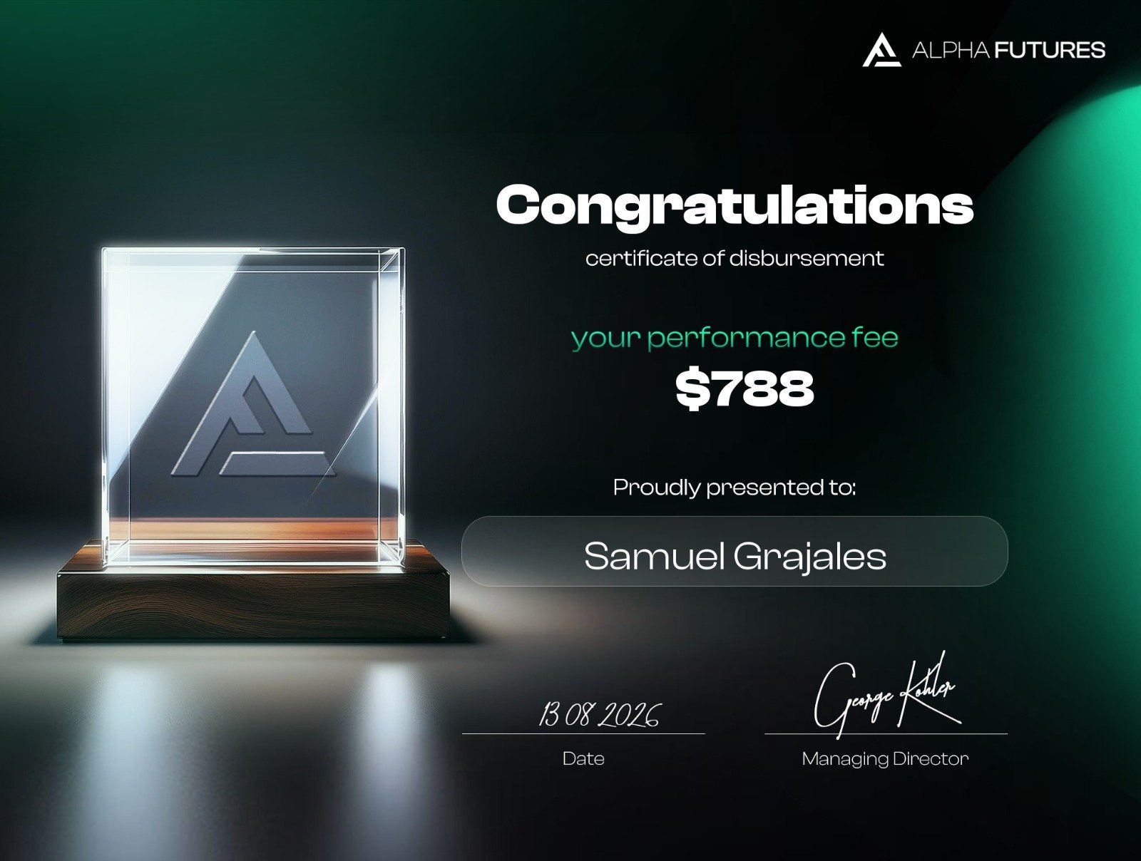 Certificado de disbursement de Samuel Grajales, Alpha Futures, 788 dólares, 13 de agosto de 2026